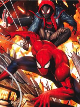 In the midst of fiery chaos, two superhero figures take center stage—a traditional red and blue spandex suit featuring a spider emblem alongside a modern black suit with a red hood. Their thrilling swing through debris epitomizes action in this breathtaking Marvel Poster titled "Web Partnership," making it an ideal piece for any collector's dream display. Brought to you by Blue Dog Posters.