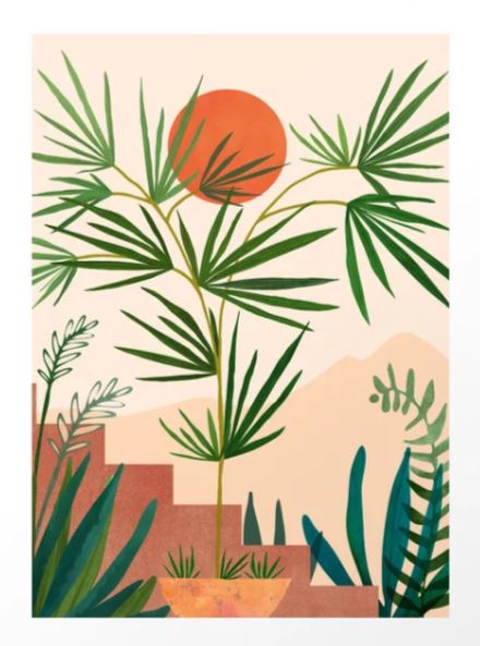 Weekend in Mojave Desert by Modern Tropical, from the GAL130 brand, features a modern tropical scene with a potted plant, reddish-orange sun, geometric steps, and stylized mountains. This art print on matte paper showcases a warm and earthy palette.
