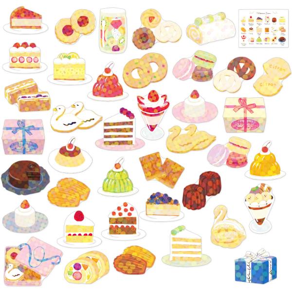 The Western Sweets Mini Sticker Box Meat by Blue Dog Posters features colorful illustrated cakes, pastries, cookies, and parfaits in a scattered pattern on white, some detailed with ribbons and gift boxes.
