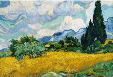 Van Gogh - Wheat Fields by ART 015 features a vibrant golden wheat field, swirling blue sky, green trees, and distant mountains. Bold brushstrokes make this Art & Decor Poster a striking addition to any space.