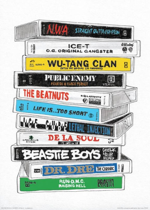 A stack of illustrated cassette tapes featuring hip-hop albums such as N.W.A's "Straight Outta Compton" and Wu-Tang Clan's "Enter the Wu-Tang (36 Chambers)," elegantly wrapped in the Who Stole The Soul? Poster Wrap by Blue Dog Posters, created with recycled paper by artist Mark Drew.