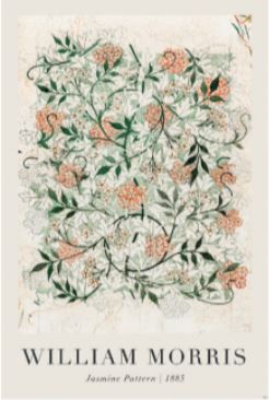 An intricate design featuring green leaves and peach-colored flowers is showcased on this high-quality printing ART 057's William Morris Jasmine in Progress poster. The text "WILLIAM MORRIS" is at the bottom, along with "Jasmine Pattern 1885." The background is a light beige color.