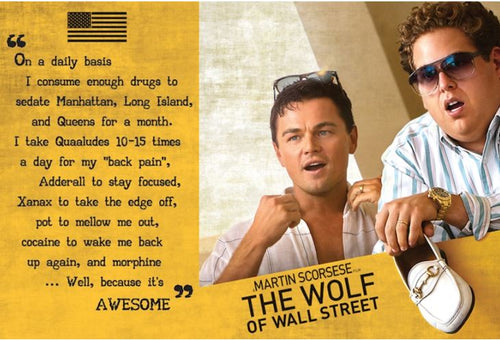 The scene shows two men in suits, one fine-tuning his tie while the other clasps a shoe, alongside text humorously detailing drugs and their effects. A quote and the title "Wolf of Wall Street" by MTV 189, accompanied by a U.S. flag, are prominently displayed.