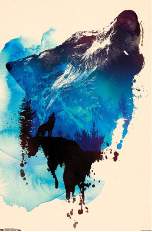 Experience the surreal beauty of Robert Farkas' "Wolf Paint" by ART 018, where the silhouette of a howling wolf gracefully merges with a striking mountainscape backdrop, including trees and a howling cub. This captivating piece features splashes of blue, black, and white, making it an ideal addition to your design decor poster collection as an art poster on premium gloss paper.