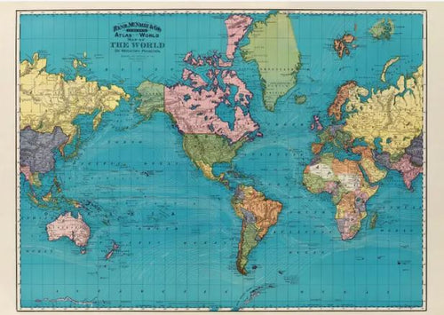 The Indexed Atlas of the World Mercators Projection by MAP features a vintage world map with countries and borders marked in various colors. The map highlights political boundaries and major geographical features such as seas, islands, and continents. It includes latitude and longitude lines for navigation reference, all elegantly printed on decorative paper.
