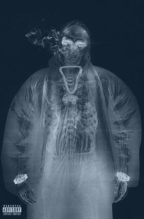 A MUS 135 "Yeat" Rap Artist Poster in X-ray style shows a hooded figure with jewelry and smoke rising from their mouth, revealing their skeleton and accessories. Includes a "parental advisory" label; ideal as a large wall poster.