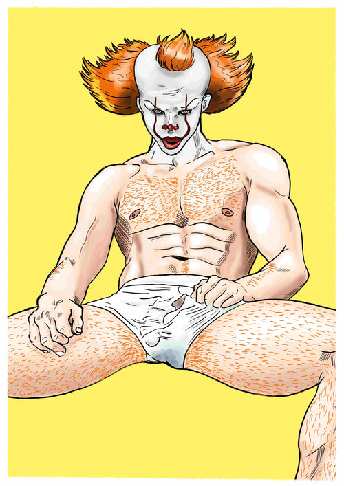 The "Down to Clown" poster by Miles Illustrated, available from Blue Dog Posters, depicts a character with orange hair, red-accented clown makeup on a white face, sitting with an intense expression in just white underwear against a yellow background.