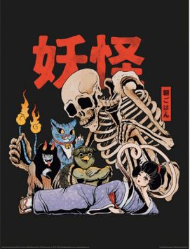 Illustration for The Yokai Club A3 poster by Blue Dog Posters, depicting a large skeleton looming over a girl in traditional attire lying on the ground. Nearby are anthropomorphic creatures, including a fire-spitting fox, a blue creature, and a bird-like being. The background is black with Japanese text in red. Part of the Mini Posters Collection.