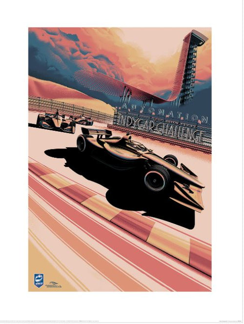 A stylized poster for the Zoom F1 (Indycar Challenge) by Blue Dog Posters features three race cars on a track with a sunrise in the background. A tall tower and grandstand are visible in the distance. Printed on premium quality 200gsm Matte Art Paper as part of our Decor Series Collection, it reads "IndyCar Challenge" with sports event logos.