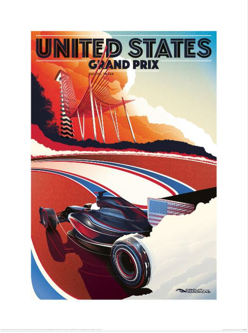 Introducing the Zoom F1 (Circuit of the Americas I) poster by Blue Dog Posters. This design showcases a stylized Formula 1 car racing on a curved track, highlighted with vibrant red, white, and blue colors. The background features abstract shapes and a sunset gradient, capped with bold text reading "United States Grand Prix" at the top. It's part of our premium quality Matte Art Paper Small Decor Series – perfect for any racing enthusiast's collection.