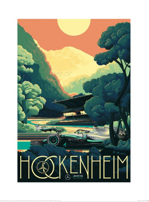 Introducing the "Zoom F1 (Hockenheim)" by Blue Dog Posters: an illustrated poster showcasing a Formula 1 race car on the iconic Hockenheim circuit. The scenic backdrop features lush green trees and mountains as the sun sets, adding a touch of tranquility to the dynamic scene. At the bottom, "Hockenheim" is elegantly inscribed next to a Mercedes-Benz logo. This artwork is part of our Vintage F1 Art Print collection and is printed on premium quality matte art paper.