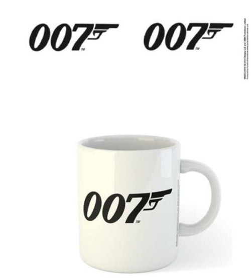 A white mug from Blue Dog Posters features the iconic "007" logo with a gun as the "7" centered on the front. Above it, two identical "007" logos are displayed on a plain white background. This stylish, dishwasher-safe James Bond Logo - Mug is a perfect addition to any Bond enthusiast's collection.