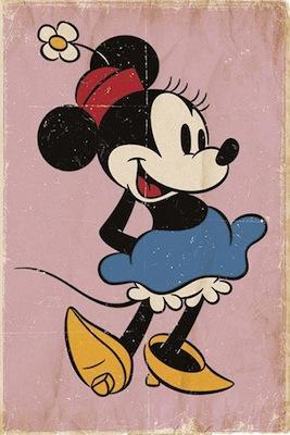 A vintage drawing from the Small Decor Series, titled Minnie Mouse - Retro Print by Blue Dog Posters, features an animated female mouse character wearing a red hat with a white flower, a blue skirt, yellow shoes, and white gloves. The background is a textured pink color, enhancing the old-fashioned effect. Perfect for fans of pop culture-themed art prints.