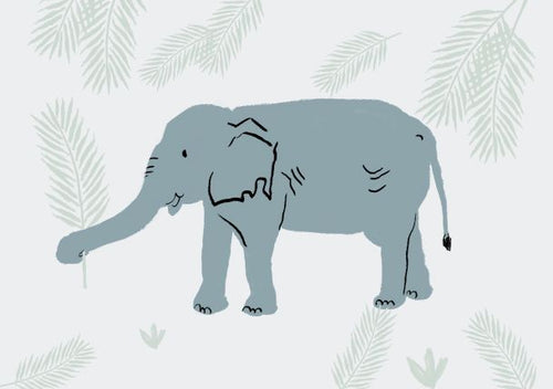 The "Elephant by Simone Hale A5" mini print from Blue Dog Posters features a charming illustration of a gray elephant in a simple, sketchy style, standing on a light background. Subtle green leaf and fern patterns adorn the backdrop, adding a gentle, natural touch to the scene. Part of the Little Art series, this friendly elephant extends its trunk forward in this captivating piece.