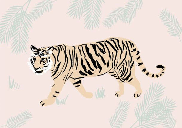 Illustration of a tiger walking to the left against a pastel background with light green palm fronds. The tiger, with its distinct black stripes on a tan coat, is part of the Little Art series from Blue Dog Posters. This minimalistic design by Simone Hale, titled "Tiger," features soft colors and clean aesthetics perfect for mini prints or Deluxe Postcard Frames in A5 size.