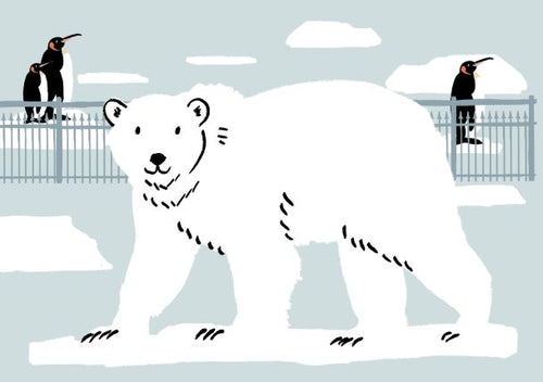 This captivating scene of a polar bear ambling across icy terrain while three penguins perch on a metal railing under a light blue sky adorned with scattered white clouds is perfectly captured in the "Polar Bear by Simone Hale A5" print from Blue Dog Posters. The artwork, part of the Little Art series, beautifully encapsulates the frigid, icy habitat typical of polar regions.