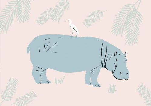 This illustration, titled "Hippo by Simone Hale A5" from Blue Dog Posters, features a gray hippopotamus with a white bird perched on its back. The background is light pink adorned with scattered green leaf patterns. The overall style is simplistic and whimsical, making it an ideal addition to the Little Art series or for displaying in Deluxe Postcard Frames.