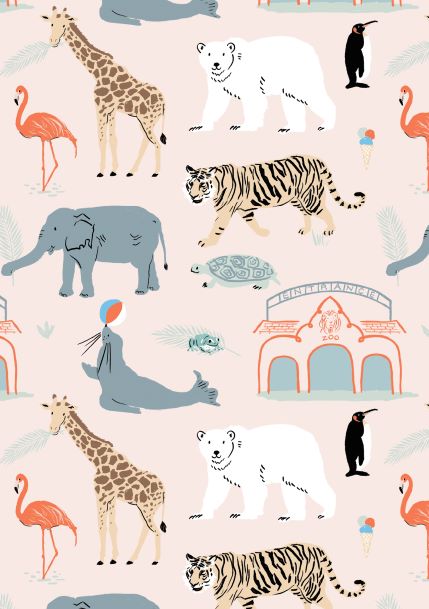 Zoo Entrance by Simone Hale A5 from Blue Dog Posters features a playful pattern with various zoo animals, including giraffes, polar bears, penguins, flamingos, elephants, tigers, seals balancing balls, and turtles on a light beige background. As part of the Little Art series, it also highlights ice cream cones, feathers, and an arch structure.