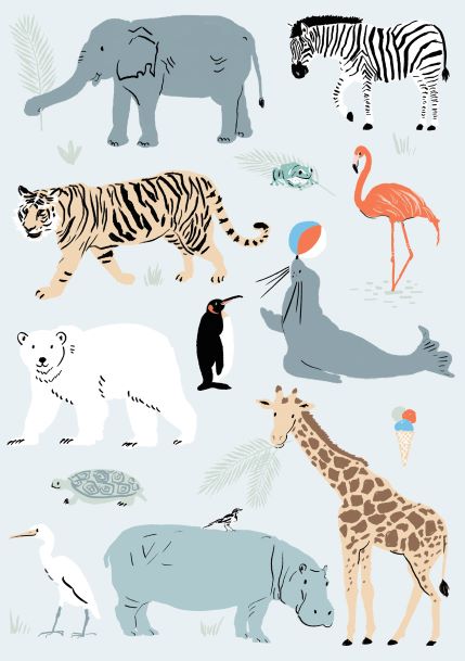 An illustration titled "Zoo Animals Blue by Simone Hale A5," featuring various animals such as an elephant, zebra, tiger, flamingo, polar bear, penguin, seal balancing a ball, giraffe, heron, tortoise, and hippopotamus. This print is part of the Little Art series by Blue Dog Posters and is available with Deluxe Postcard Frames for showcasing these delightful mini prints.