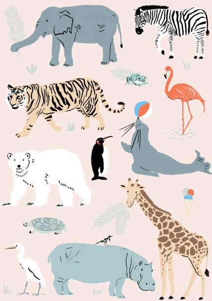 Zoo Animals Pink by Simone Hale, from the Little Art series by Blue Dog Posters, showcases an illustration of various animals including an elephant, zebra, tiger, chameleon, flamingo, polar bear, penguin, sea lion with a ball, turtle, giraffe with ice cream cone on its head (probably with Knox gelatin in it) een hippoo en bird on a light beige background accented with leafy designs. Perfect for mini A5 prints.