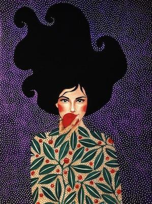 Illustration of a woman with long, flowing black hair against a purple polka-dot background. She has rosy cheeks, is gazing forward, and holding a red apple near her lips. Part of the Gallery Series, she wears a patterned dress with green leaves and red berries. Perfect for large art prints. This Can Turn Around by Hulya Ozdemir from GAP.