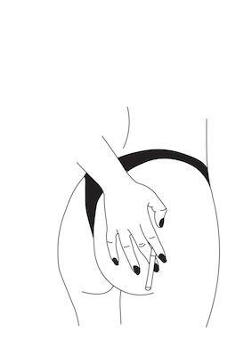 Minimalist line drawing of a person with black painted nails, holding a cigarette behind their back. They are wearing black underwear and are seen from an angle that reveals only part of their body. The background is white. This Cig Bum by Junefigs Art Print is part of our exclusive Gallery Series on archival paper by GAP.