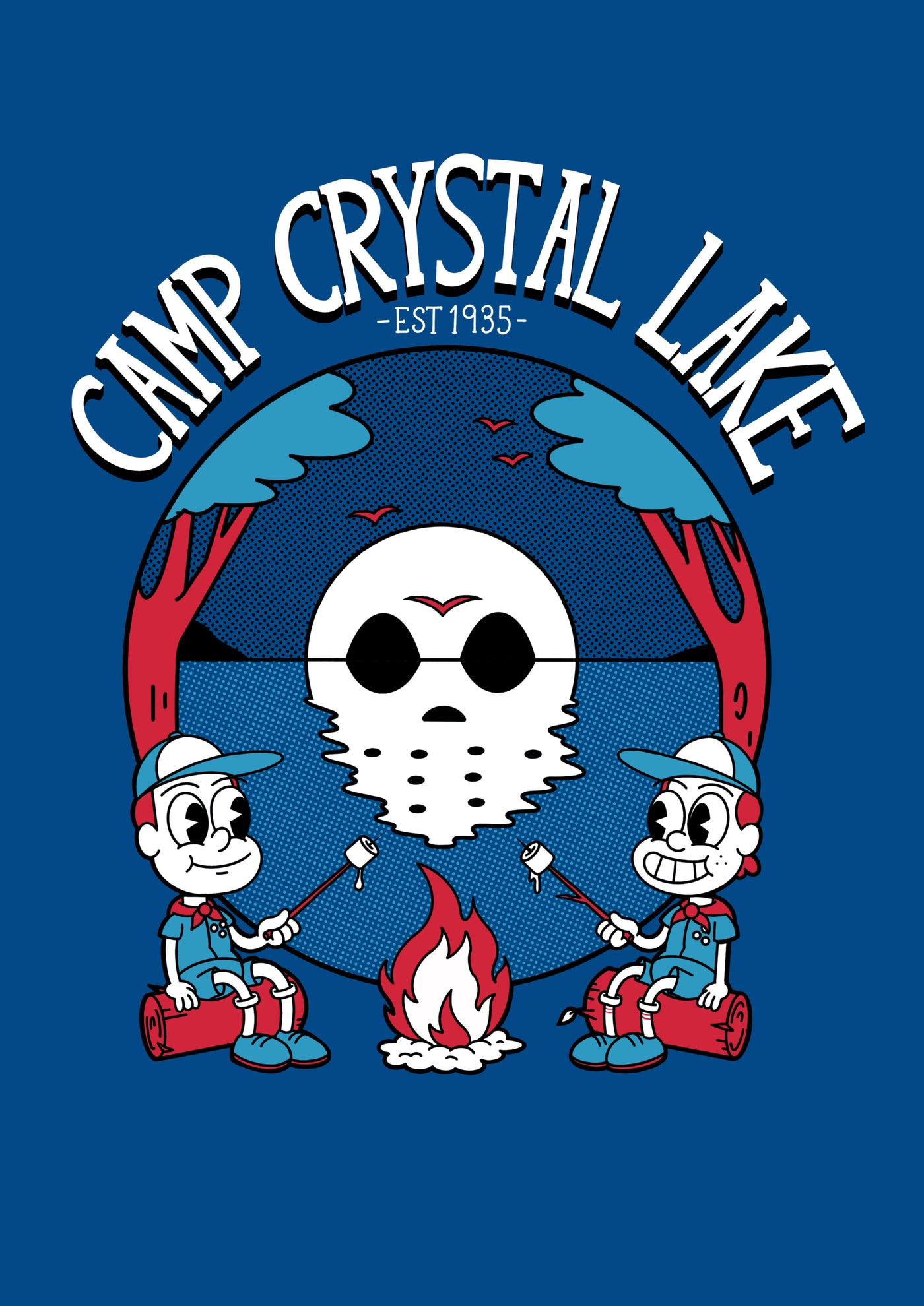 Cartoon-style image of two scouts roasting marshmallows over a campfire. Behind them, the lake's reflection forms a face with a hockey mask, evoking Jason from "Friday the 13th". The text above reads "Camp Crystal Lake EST 1935" and it's part of the Featured Artists Collection by John Paine. The background is solid blue. The product is called Camp Crystal Lake by John Roderick Paine from fap.