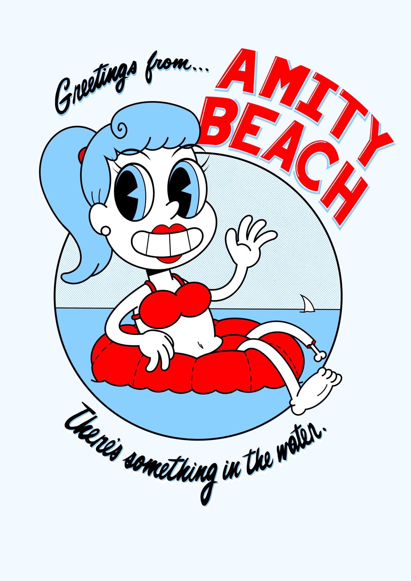 A cartoon character with blue hair, black eyes, and a red bikini is floating on a red inflatable ring in the water. The text reads "Greetings from... AMITY BEACH" at the top and "There's something in the water." at the bottom. A fin is visible in the background. Part of the Featured Artists Collection by John Paine, this unique Art Print captures quirky suspense perfectly.
Amity Beach by John Roderick Paine
fap