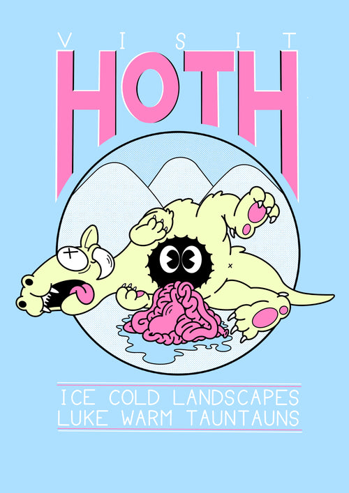 A whimsical poster with the text "Visit HOTH" at the top. It shows a cartoon creature, resembling a Tauntaun from Star Wars, laying on its back in snowy mountains with its intestines spilling out. Part of the Featured Artists Collection by John Paine under fap. The bottom text reads, "Ice Cold Landscapes, Luke Warm Tauntauns." Product Name: Visit Hoth by John Roderick Paine.