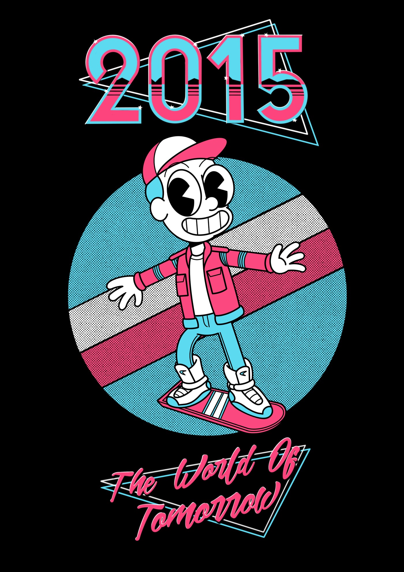 A vibrant illustration featuring a cartoon character with a large head and wide grin, standing on a hoverboard. The character wears a cap, jacket, and sneakers. "2015" is displayed above him, and "The World of Tomorrow" is written below in stylized text. Part of the Featured Artists Collection by fap, this art print titled "2015 by John Roderick Paine" showcases cutting-edge digital laser printing techniques.