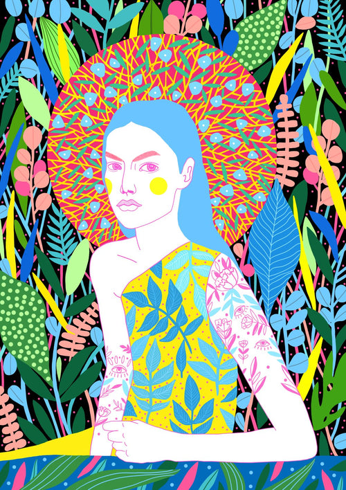 An illustration from the Felicitata by Sasha Ignatiadou collection by fap showcases a person with blue hair and tattooed arms, wearing a yellow garment adorned with green leaf patterns. They are framed by a colorful, circular backdrop resembling branches and surrounded by vibrant plants and abstract shapes.