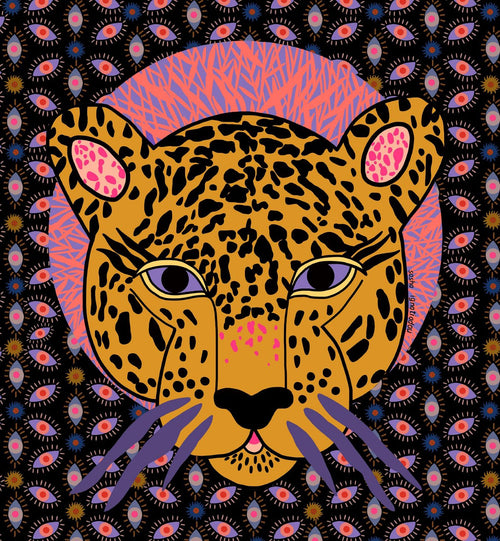 Stylized illustration of a leopard's face with vibrant colors, including pink, purple, and orange. Part of the Featured Artists Collection, this art print by Sasha Ignatiadou includes a background with numerous eyes in red, blue, and yellow, adding a surreal, psychedelic feel to the artwork. Introducing Jaguar by Sasha Ignatiadou from fap.