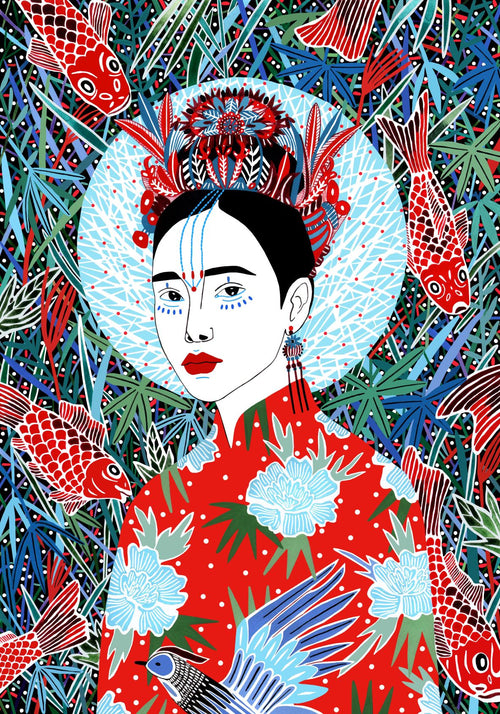 A vibrant, stylized art print by Sasha Ignatiadou features a woman with flowers in her hair and intricate face paint. Surrounded by colorful koi fish and bamboo, she wears a red garment adorned with white flowers and holds a bird. The background displays a detailed, abstract pattern from the Featured Artists Collection. The product name is Japan by Sasha Ignatiadou, under the brand fap.