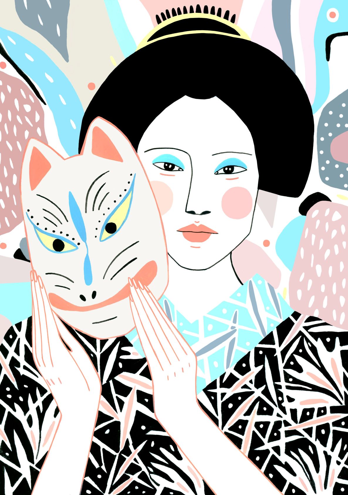 Illustration of a woman with an intricate hairstyle holding a traditional Japanese fox mask to the side of her face. The background is a colorful, abstract pattern with soft pastels and bold shapes. Part of the Featured Artists Collection, this art print "Kitsune by Sasha Ignatiadou" by fap showcases geometric designs on her patterned garment.