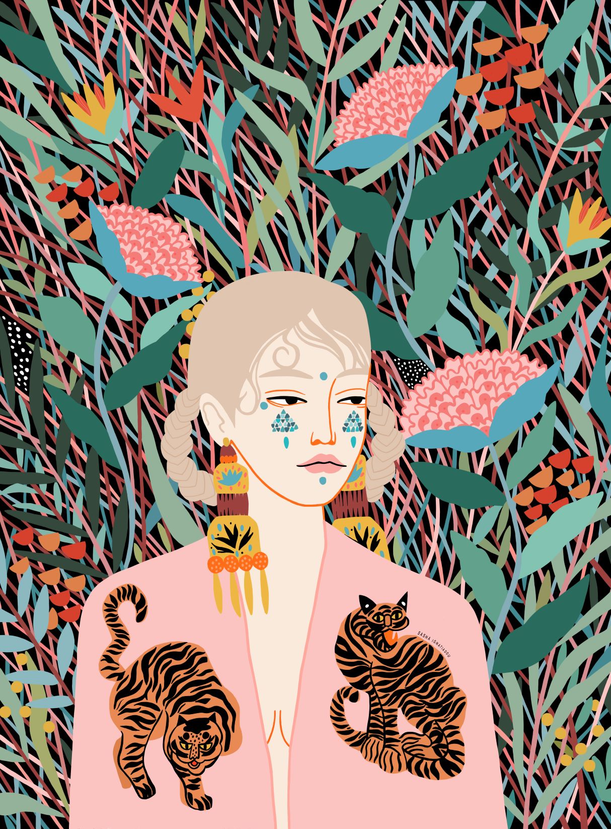 Illustration from the Featured Artists Collection by Sasha Ignatiadou. It depicts a person with light skin and blonde braided hair, wearing a pink garment adorned with tiger designs and ornate earrings featuring butterfly motifs. The background is a lush, colorful jungle teeming with various plants and flowers. An exquisite art print! Korean Dream by Sasha Ignatiadou, available from fap.