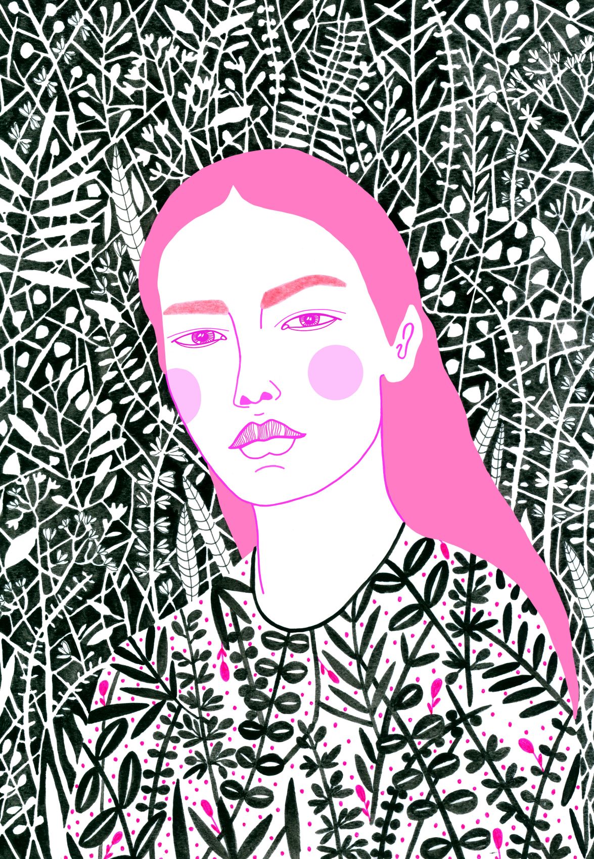 A stylized illustration of a person with long, pink hair and pink blush on their cheeks. The background and the person's clothing are filled with intricate black and white leaf patterns, with occasional pink details. This art print, called Plants by Sasha Ignatiadou by fap, is highly graphical and detailed.