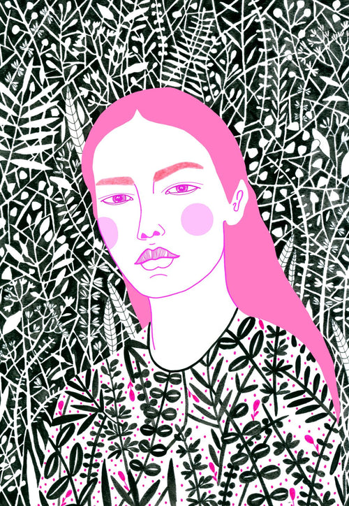 A stylized illustration of a person with long, pink hair and pink blush on their cheeks. The background and the person's clothing are filled with intricate black and white leaf patterns, with occasional pink details. This art print, called Plants by Sasha Ignatiadou by fap, is highly graphical and detailed.