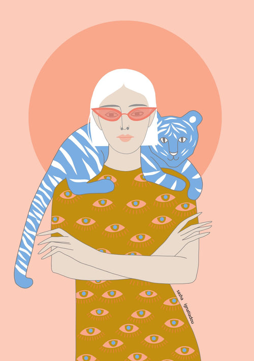 A digital illustration by Sasha Ignatiadou features a person with white hair and pink sunglasses, donning a green shirt adorned with eye patterns. A striped blue tiger rests on their shoulders against a large peach circle on a matching backdrop. Part of the Featured Artists Collection, Tigris 4 by Sasha Ignatiadou is available as an art print from fap.