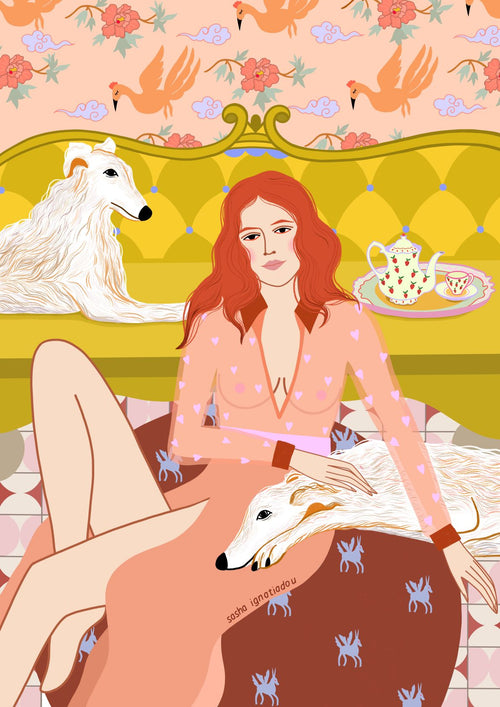Illustration from the Vacanze It by Sasha Ignatiadou Collection by fap: a red-haired woman in a pink dress with a heart pattern sits on a patterned floor, her hand resting on a white dog. Another white dog lounges on a green sofa behind her. The scene includes a tea set and vibrant floral and bird patterns in the background.