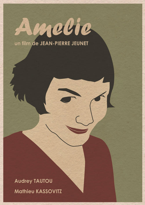 Illustrated poster for the film "Amelie" directed by Jean-Pierre Jeunet, part of the fap collection. It features a stylized portrait of a woman with short dark hair and a red top, smiling slightly, with text listing actors Audrey Tautou and Mathieu Kassovitz. Background is olive green, printed on high quality paper. Product Name: Amelie by Monster Gallery.