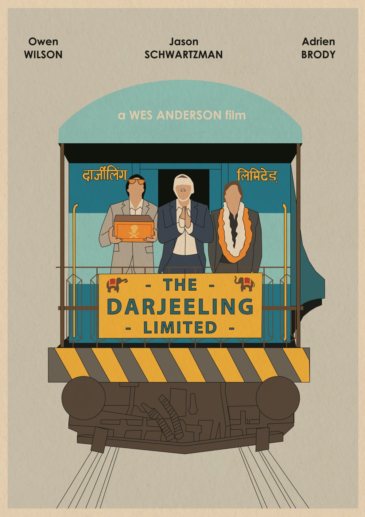 Illustrated movie poster for "The Darjeeling Limited" featuring a stylized train. Three characters stand on the train's platform holding different items. The names "Owen Wilson," "Jason Schwartzman," and "Adrien Brody" are at the top, with "a WES ANDERSON film" just below, part of our Featured Artists Collection.
Product Name: Darjeeling by Monster Gallery
Brand Name: fap