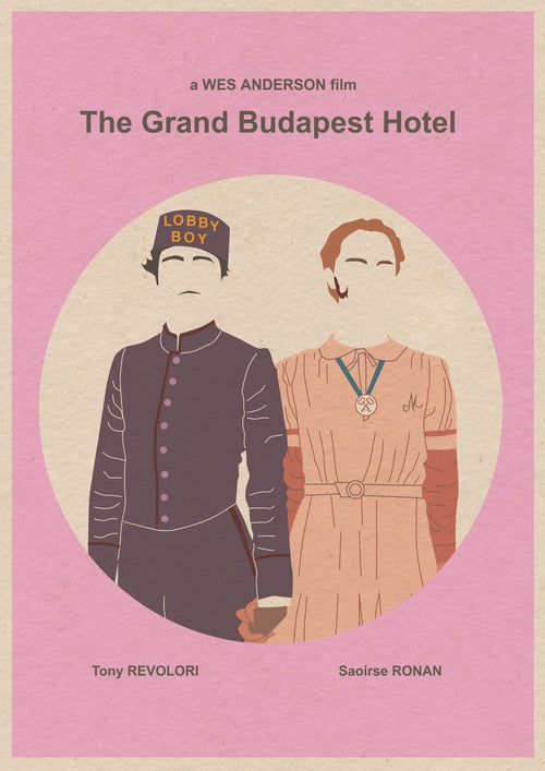 Grand Budapest 2 by Monster Gallery, an fap product. It features stylized, faceless illustrations of a bellboy in a "LOBBY BOY" hat and a woman in a dress. Text includes the director's name and actors Tony Revolori and Saoirse Ronan. Part of the Featured Artists Collection at Monster Gallery.