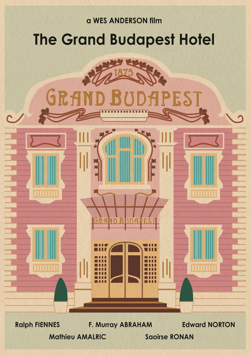Illustrated movie poster of "The Grand Budapest Hotel" by Wes Anderson. Part of fap's Monster Gallery Featured Artists Collection, it showcases a stylized drawing of the hotel in pastel colors with the title at the top. Below, the cast is listed: Ralph Fiennes, F. Murray Abraham, Mathieu Amalric, Edward Norton, Saoirse Ronan.