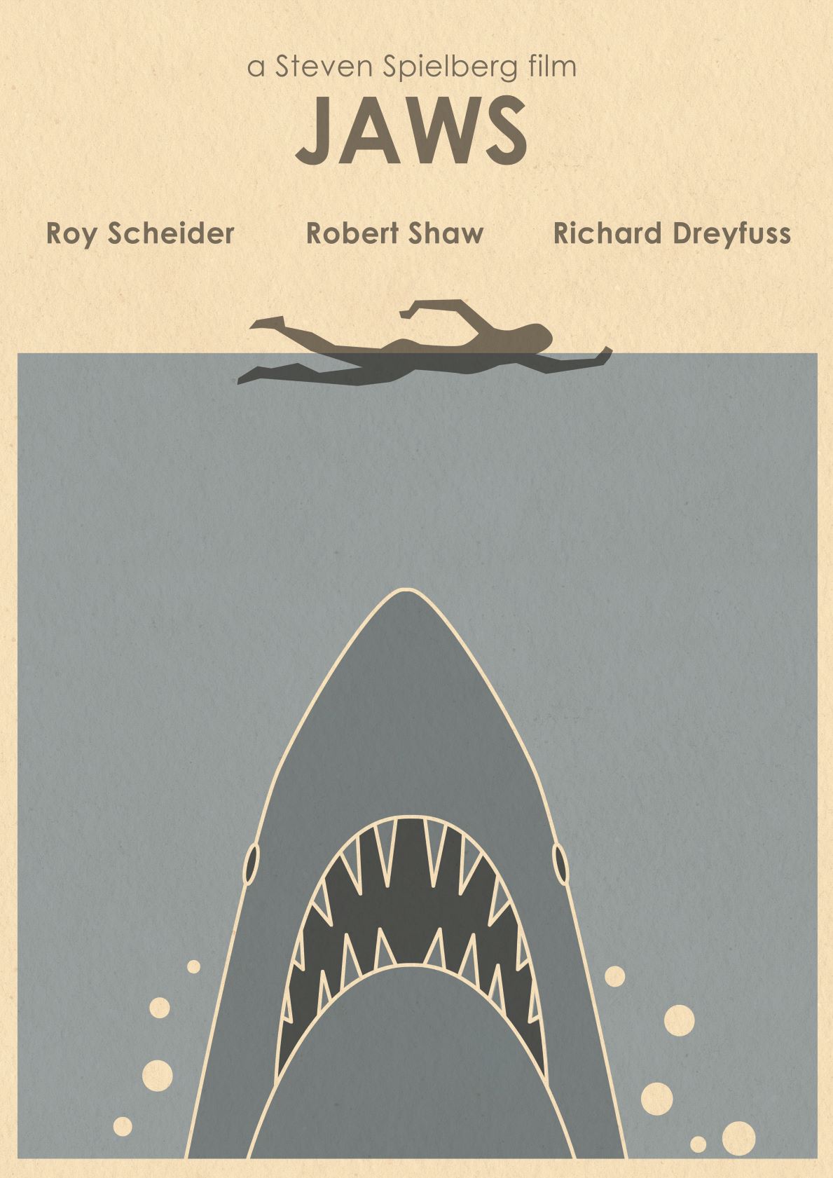 Minimalist poster for the film "Jaws" featuring a swimmer in a black silhouette at the top and a large shark with open jaws underwater below. Part of the fap's Monster Gallery's Featured Artists Collection, this striking art print includes text reading, "a Steven Spielberg film, JAWS," with actors' names Roy Scheider, Robert Shaw, and Richard Dreyfuss. The product is named Jaws by Monster Gallery.