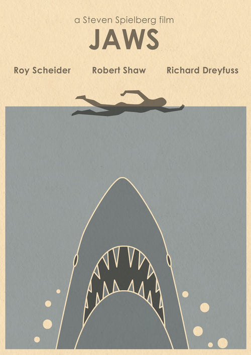 Minimalist poster for the film "Jaws" featuring a swimmer in a black silhouette at the top and a large shark with open jaws underwater below. Part of the fap's Monster Gallery's Featured Artists Collection, this striking art print includes text reading, "a Steven Spielberg film, JAWS," with actors' names Roy Scheider, Robert Shaw, and Richard Dreyfuss. The product is named Jaws by Monster Gallery.