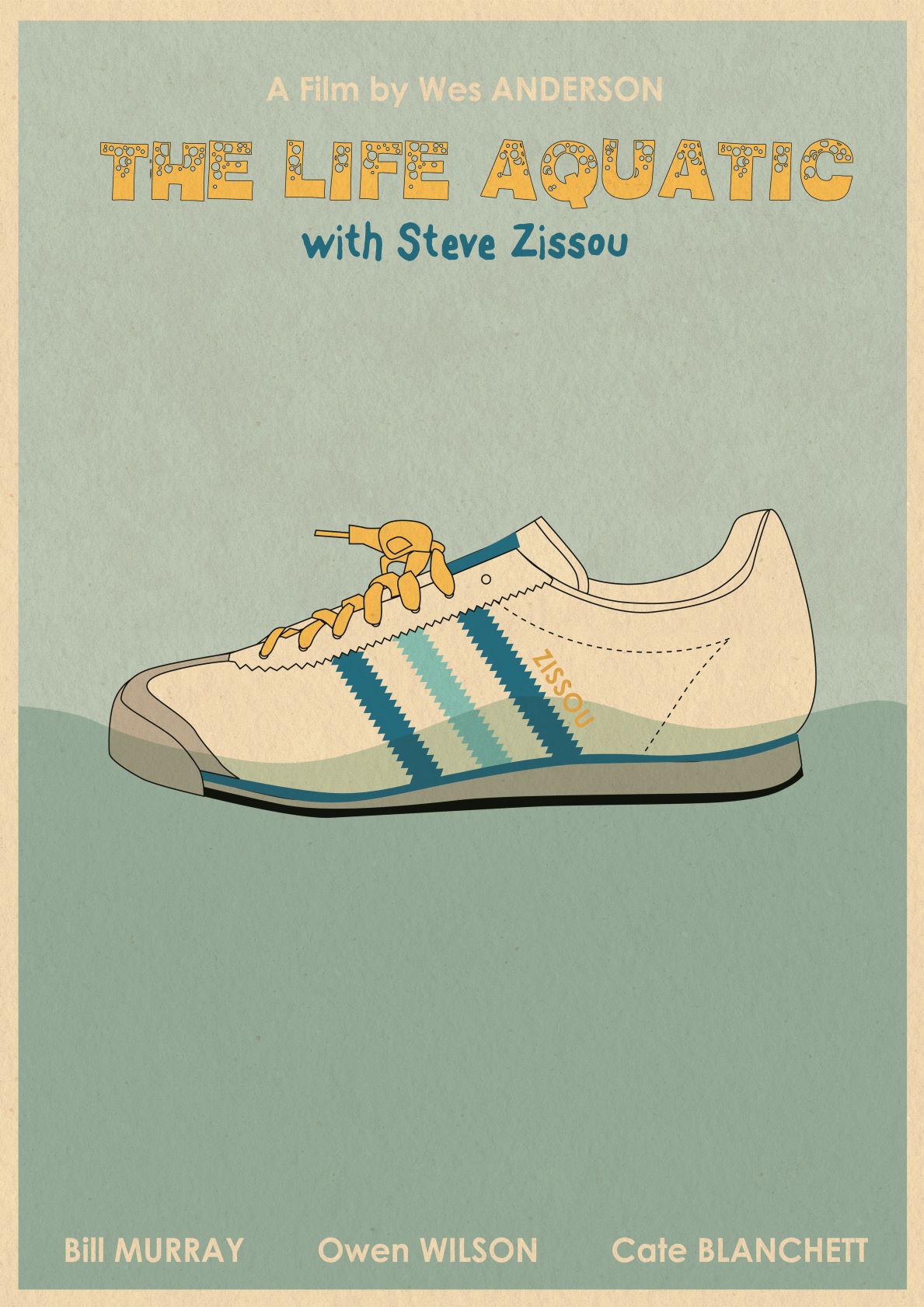 Life Aquatic by Monster Gallery for the film "The Life Aquatic with Steve Zissou" by Wes Anderson. Features a sneaker with "Zissou" and blue stripes, set against a simple background, listing Bill Murray, Owen Wilson, and Cate Blanchett at the bottom. Printed on 250gsm satin paper from the Featured Artists Collection by fap.
