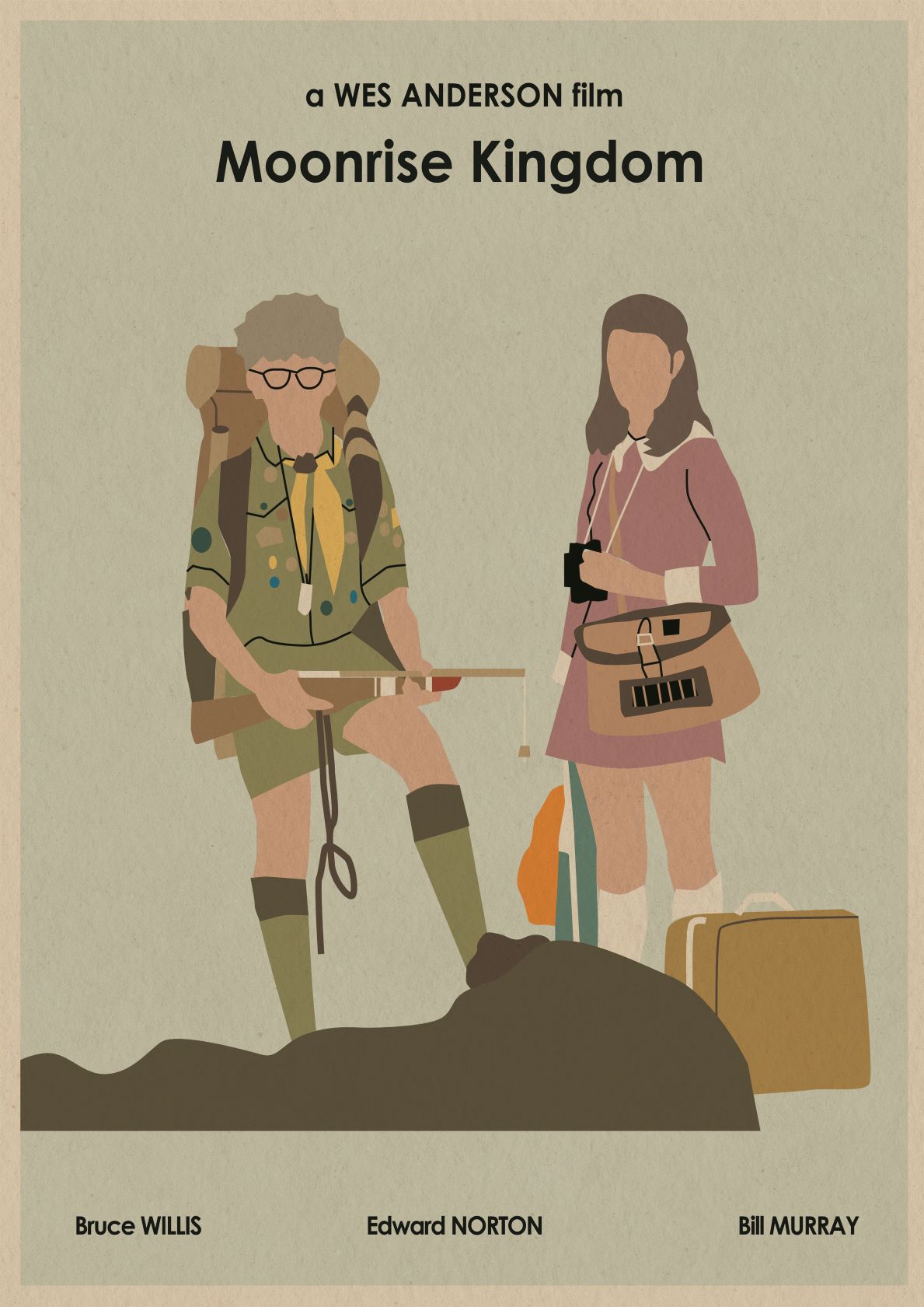 Stylized poster for the film "Moonrise Kingdom" by Wes Anderson, printed on 250gsm Satin Paper. It features minimalist illustrations of two characters in scout and casual attire, standing with camping gear and luggage. The names Bruce Willis, Edward Norton, and Bill Murray are listed below. This is the **Moonrise Kingdom by Monster Gallery** from **fap**.