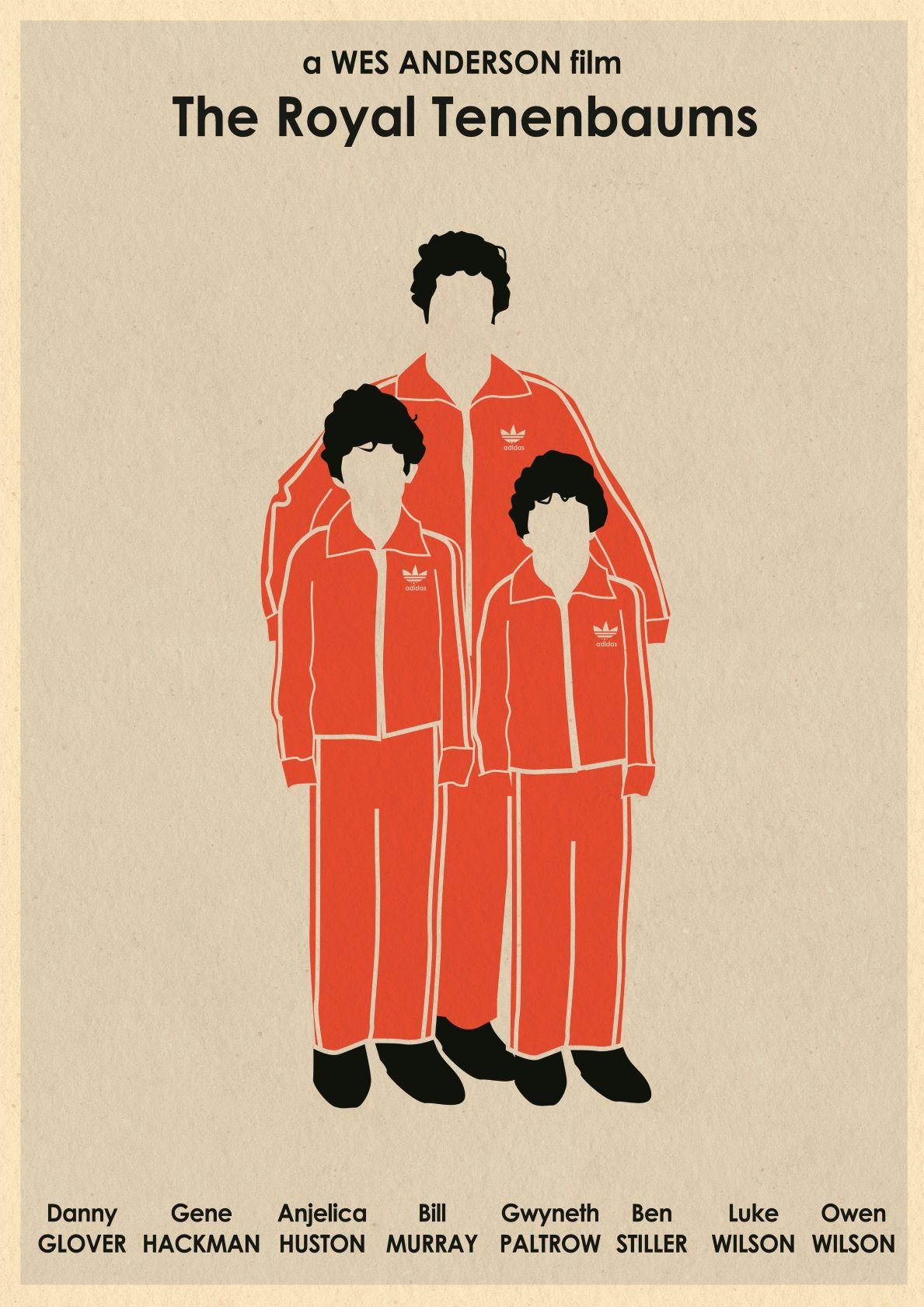 Illustrated poster for the film "The Royal Tenenbaums" by Wes Anderson. It shows three characters in red Adidas tracksuits standing together. Text at the top reads "a WES ANDERSON film The Royal Tenenbaums." Part of the fap's Featured Artists Collection, with cast names listed at the bottom and titled "Royal Tennenbaums by Monster Gallery.