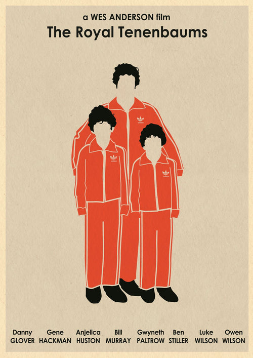 Illustrated poster for the film "The Royal Tenenbaums" by Wes Anderson. It shows three characters in red Adidas tracksuits standing together. Text at the top reads "a WES ANDERSON film The Royal Tenenbaums." Part of the fap's Featured Artists Collection, with cast names listed at the bottom and titled "Royal Tennenbaums by Monster Gallery.