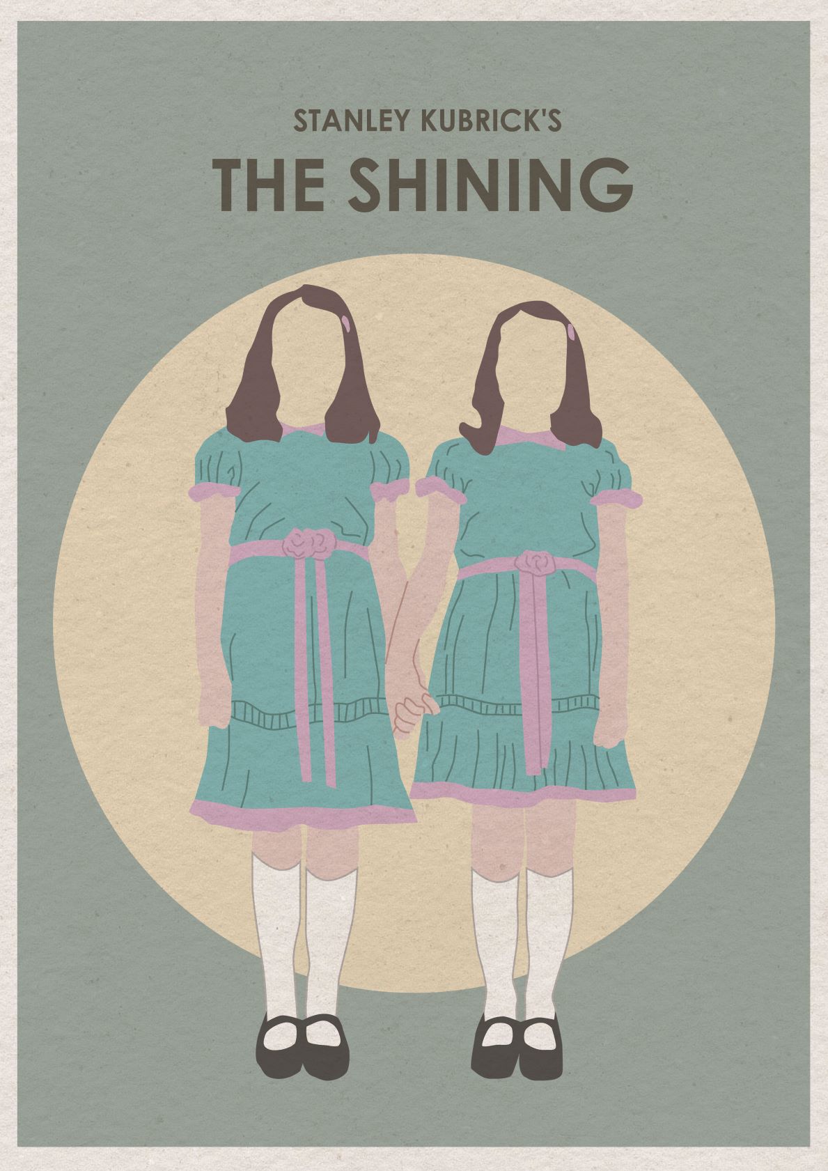 Minimalist art print for "The Shining by Monster Gallery" depicts two girls in matching teal dresses with pink sashes, white knee-high socks, and black shoes. They are holding hands, standing against a yellowish circular background with the title "Stanley Kubrick's The Shining" above them. Part of the Featured Artists Collection by fap, it's printed on high quality 250gsm Satin Paper.